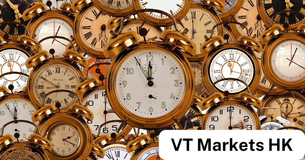 A collage of vintage gold alarm clocks showing different times, symbolising the 24-hour nature of forex trading. Overlaid text reads "VT Markets HK", representing active trading hours in Hong Kong's forex market.