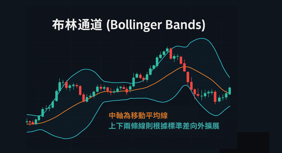 布林通道技術指標圖示，包含上下通道與移動平均線，協助判斷價格波動範圍