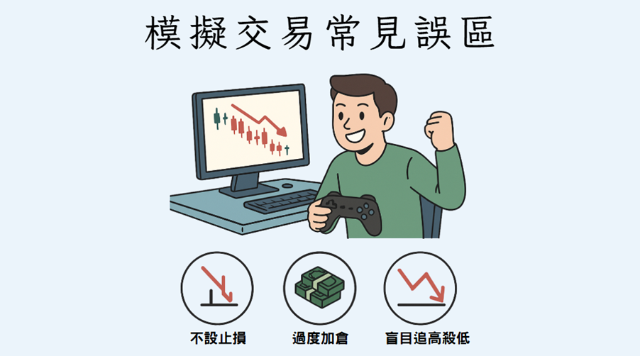 「模擬交易常見誤區」插畫，一位投資者像玩遊戲般操作電腦，底部標示三大錯誤：不設止損、過度加倉、盲目追高殺低。