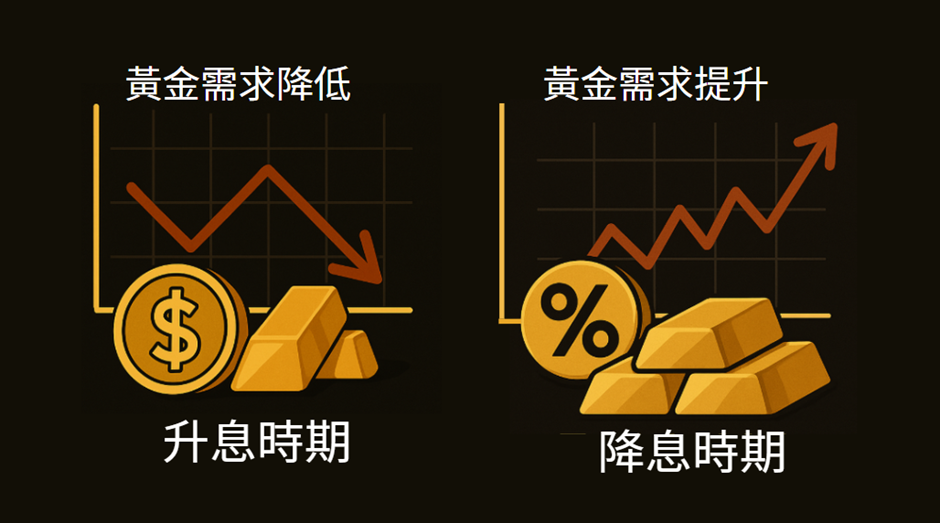 利率變動對黃金需求的影響圖：升息期間金價下跌，降息期間金價上升。