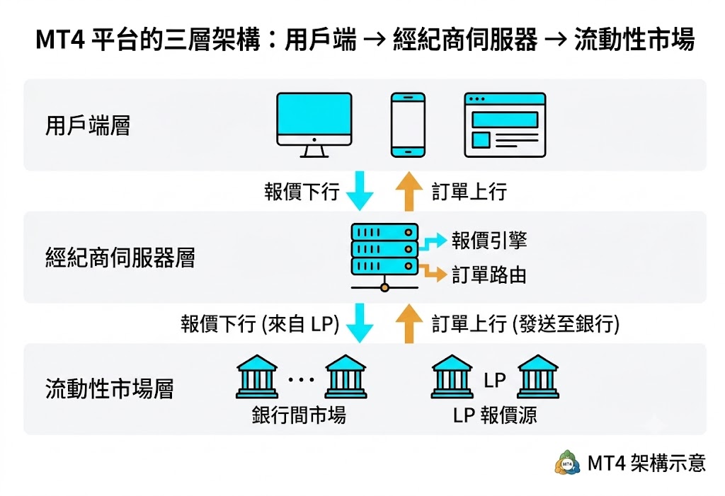 MT4 平台的三層架構:用戶端 → 經紀商伺服器 → 流動性市場
