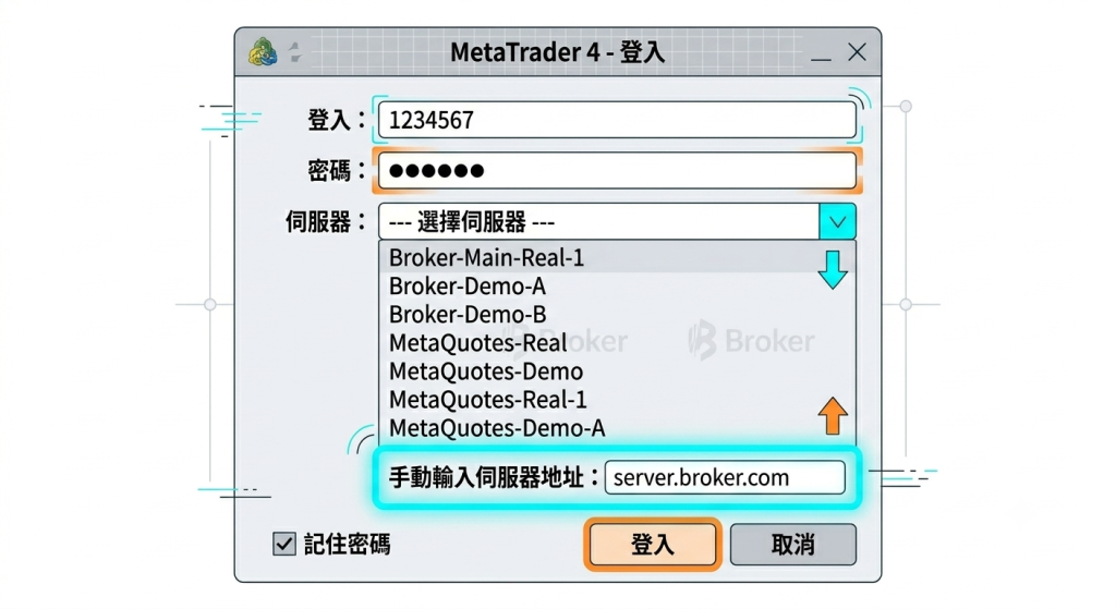 MT4 桌面版登入視窗截圖,顯示伺服器下拉選單中多個可選伺服器名稱以及手動輸入伺服器地址的欄位