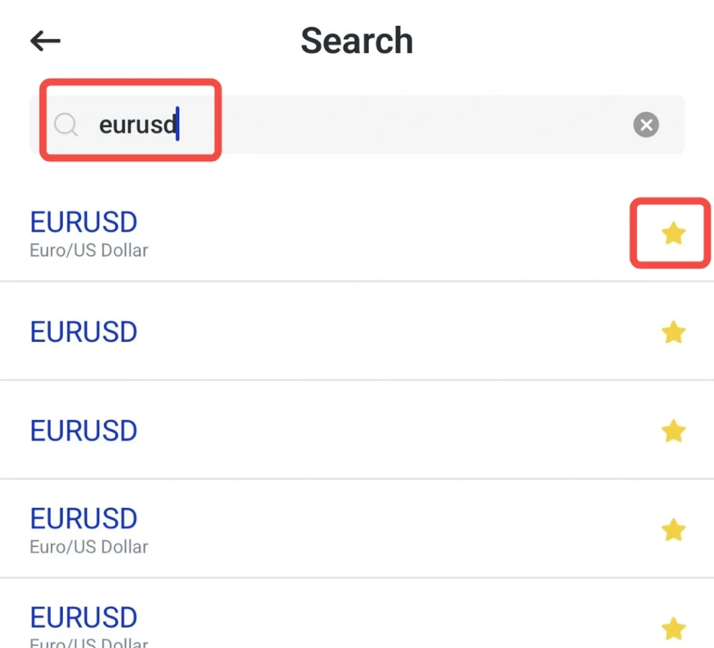 Search screen with back arrow and a search field containing 'eurusd', plus a highlighted star on the right side of the header area.