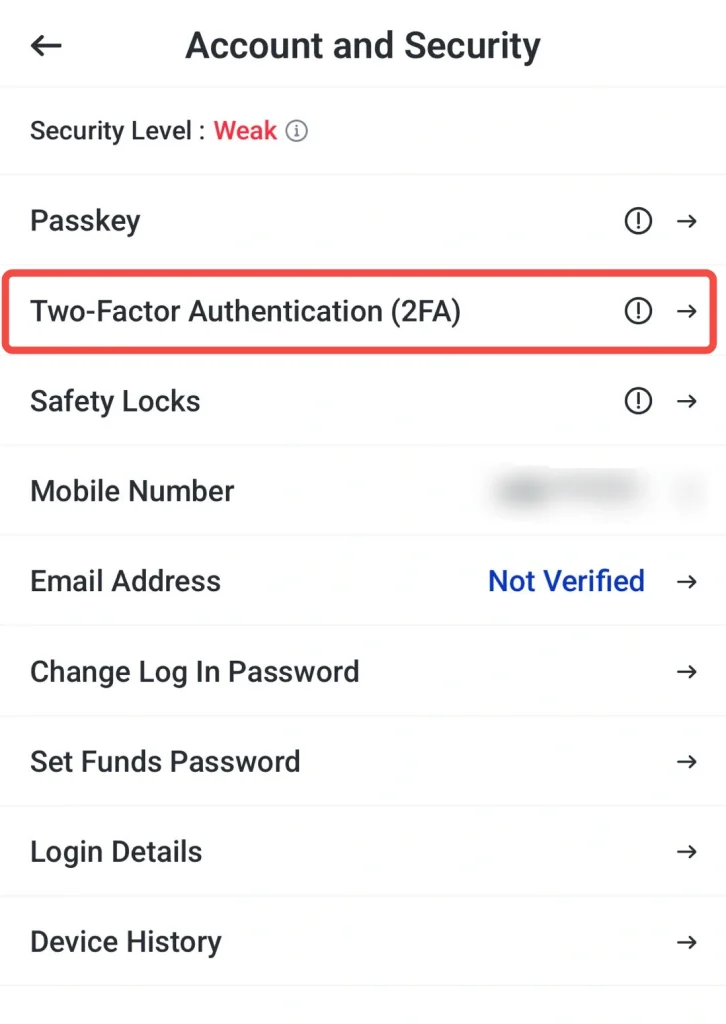 Account and Security settings screen with Two-Factor Authentication (2FA) highlighted in a red outline.