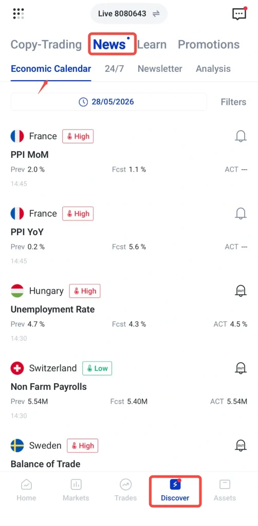 Mobile app UI showing the News tab highlighted and Economic Calendar tab selected, with Discover highlighted in the bottom navigation bar.