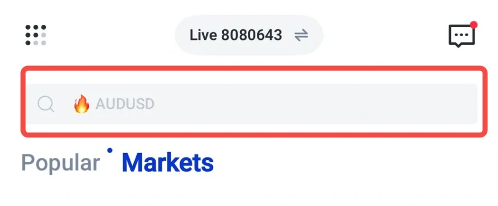Highlighted search field for AUDUSD with a magnifying glass icon and fire emoji, outlined in red