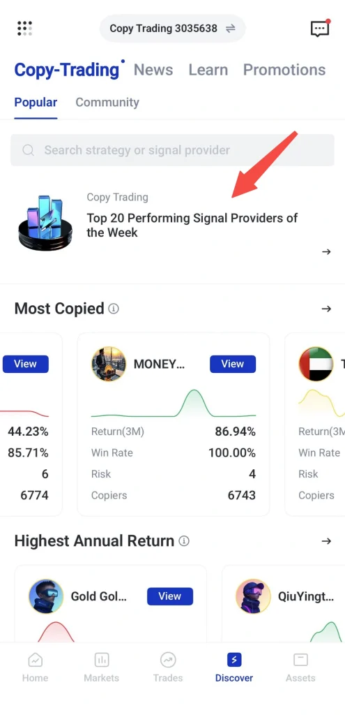 Copy-Trading Discover screen showing a feature card titled 'Top 20 Performing Signal Providers of the Week' with a small icon on the left and a right-arrow indicator, plus a search bar above and bottom navigation visible.