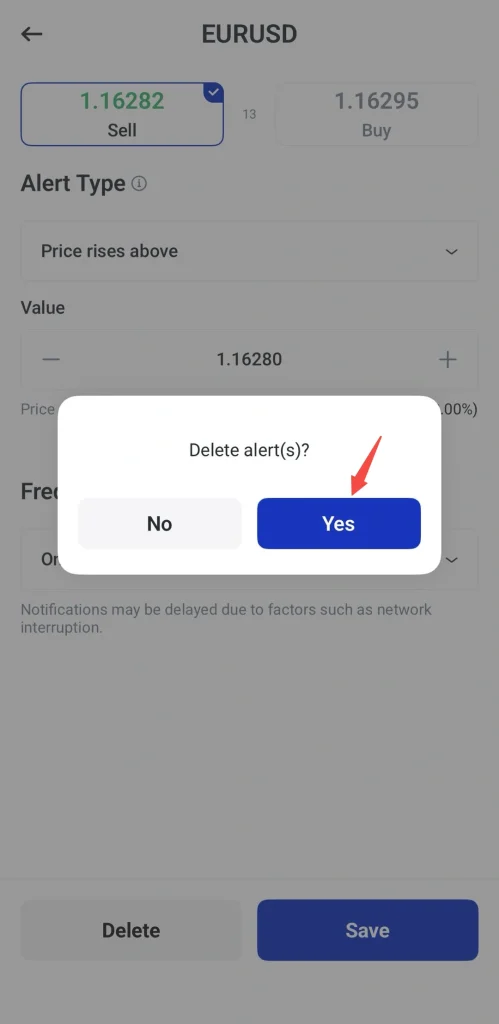 Modal confirmation: Delete alert(s)? with Yes (blue) and No (gray) options, Yes highlighted by the blue button