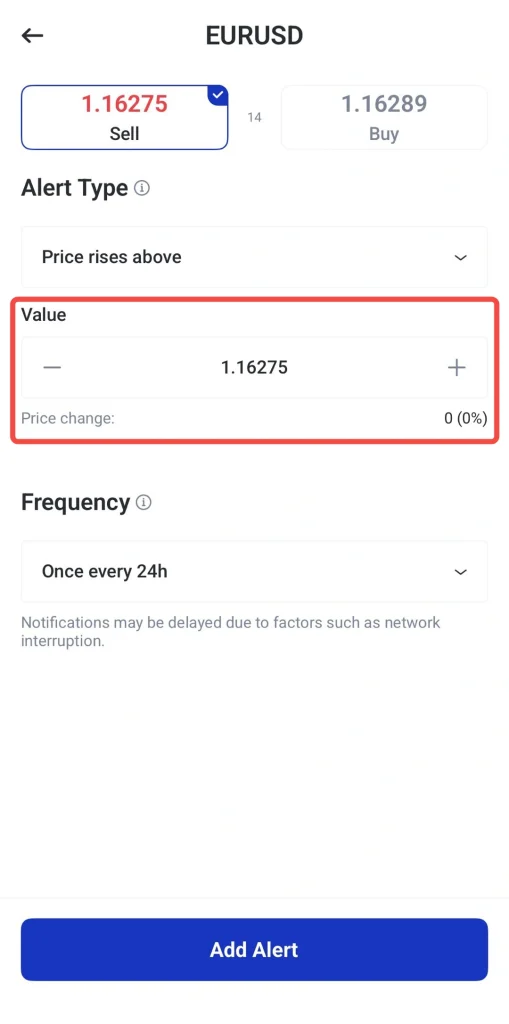 Trading app: set a price alert for EURUSD to trigger when price rises above 1.16275 and shows current value 1.16275 with +/- controls; frequency: once every 24h; Add Alert button visible