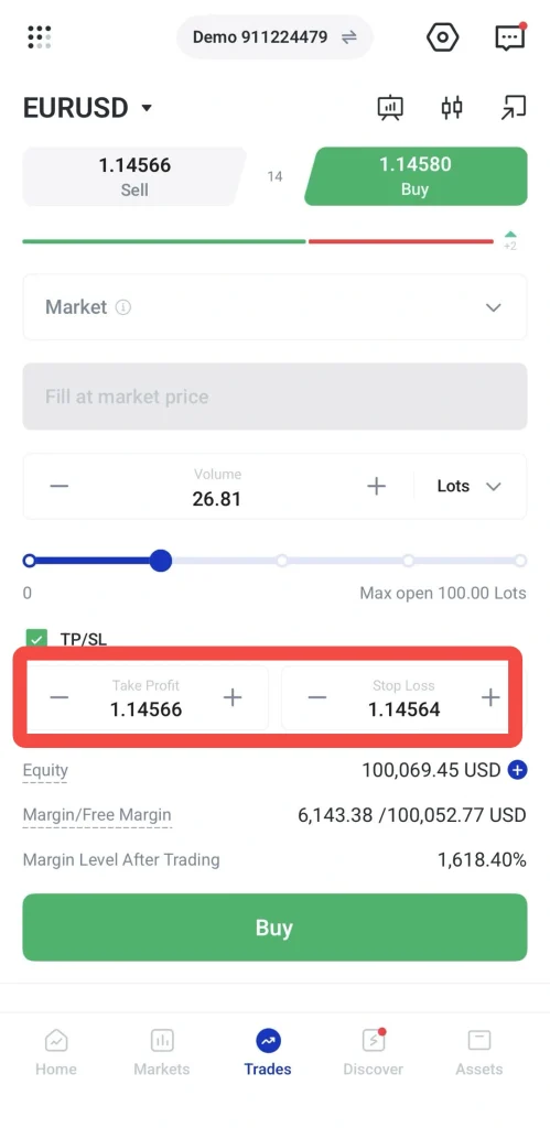 Trading app screen showing a Buy price on the right and Take Profit/Stop Loss controls highlighted in red, with TP 1.14566 and SL 1.14564 for EURUSD