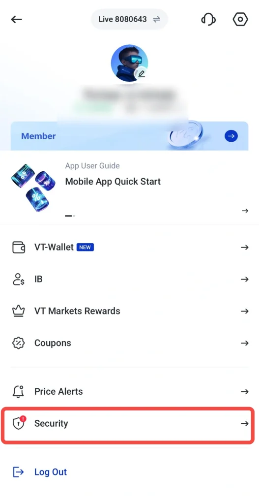Account menu with Security option highlighted in red border; shield icon on the left and a chevron on the right indicating navigation.